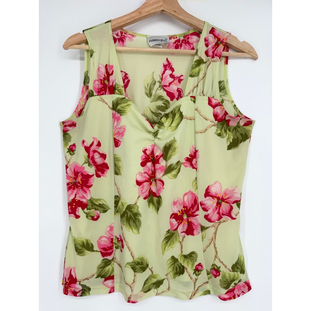 Fashion Bug Y2K Green Floral Sweetheart Neck Sleeveless Tank Top Sz XL Mesh